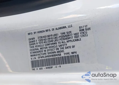 2017 Honda Odyssey Ex-L z USA, uszkodzony, nr VIN 5FNRL5H63HB004268